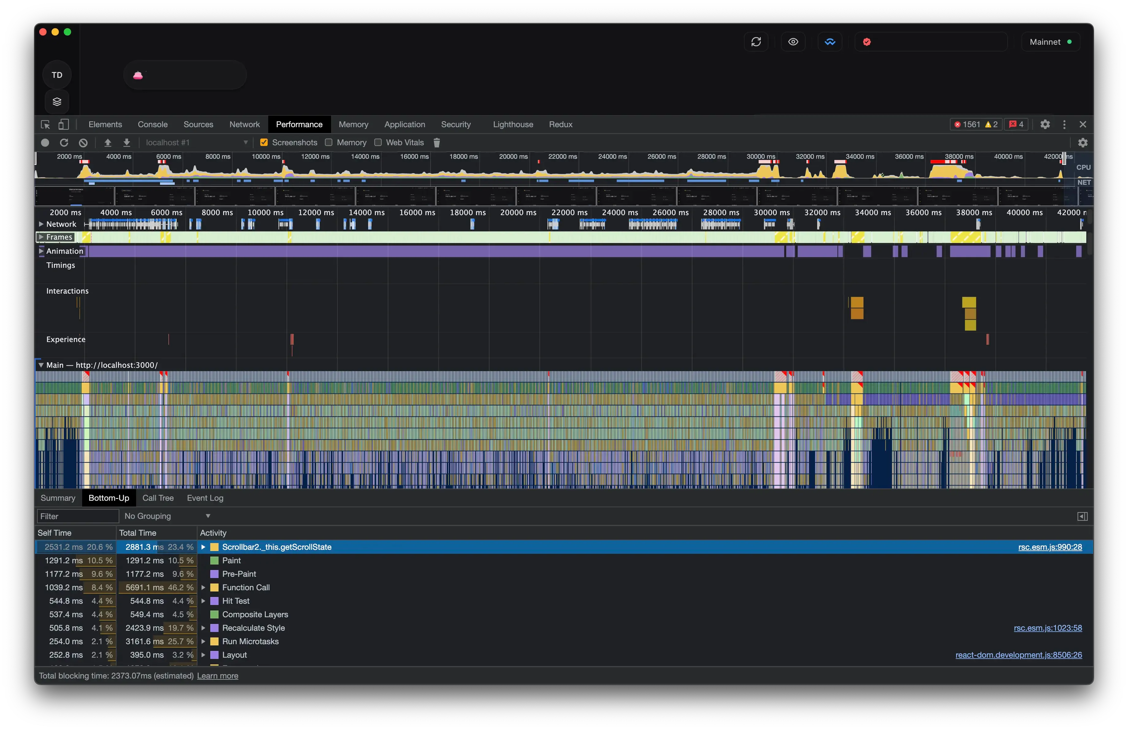 A DevTools Performance recording of the pre-TanStack wallet: the network track is a dense wall of requests for over 40 seconds and the console badge shows 1,561 errors, while the CPU track stays mostly quiet